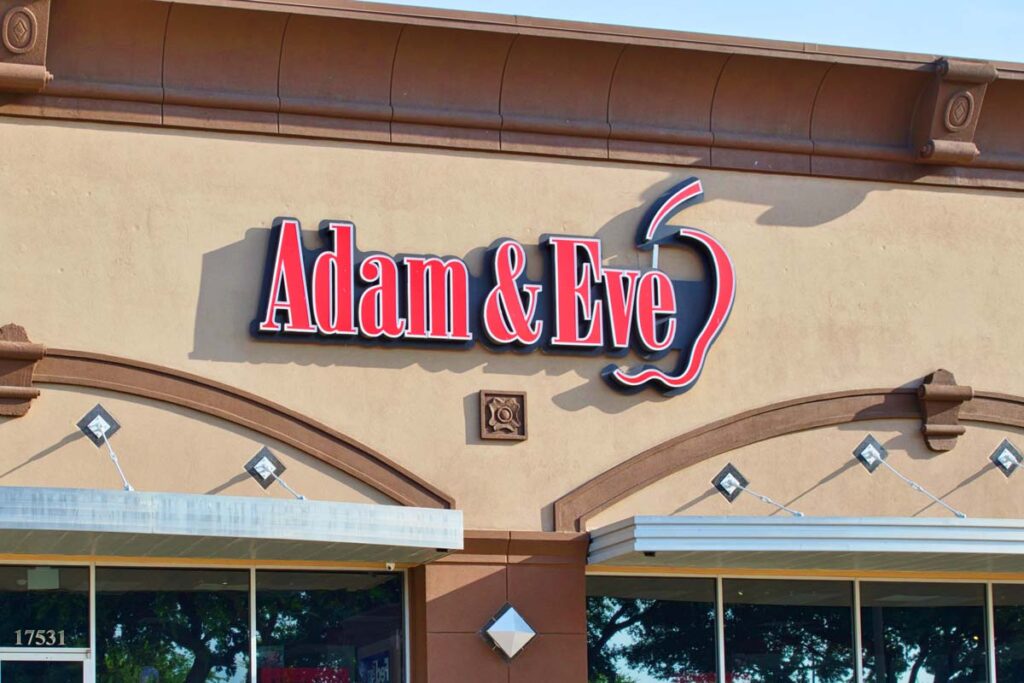 Close up of Adam & Eve signage, representing the Google and Adam & Eve class action lawsuit.
