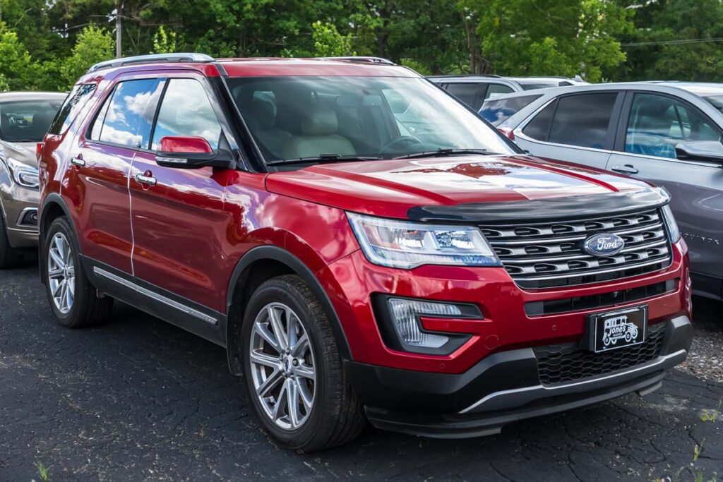 A red 2017 Ford Explorer in a parking lot, representing the Ford Explorer recall.