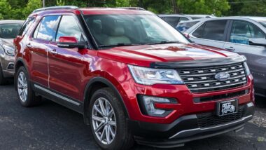 A red 2017 Ford Explorer in a parking lot, representing the Ford Explorer recall.