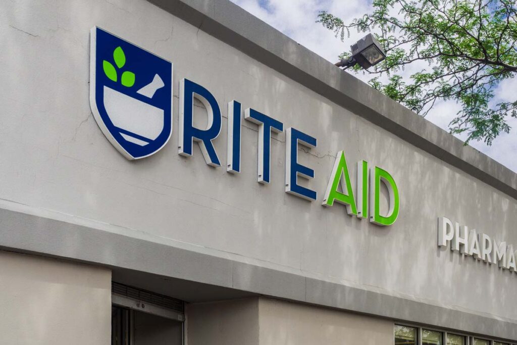 Close up of Rite Aid signage, representing the Rite Aid AI facial recognition ban.