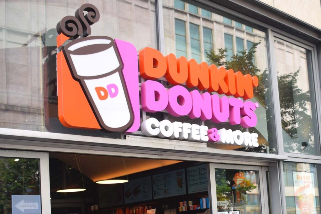 Close up of Dunkin Donuts signage, representing the Dunkin' non-dairy milk alternatives class action.