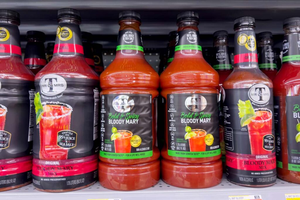 Mr & Mrs T Bloody Mary Mix on a supermarket shelf, representing the Mott's class action.