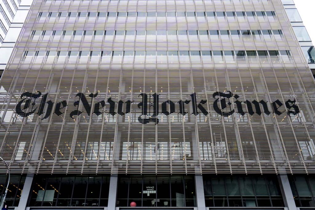 Close up of New York Times signage, representing the New York Times lawsuit.