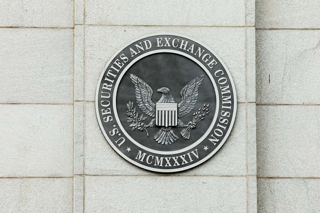 Close up of U.S. Securities and Exchange Commission seal on a building, representing the SEC bitcoin approval.