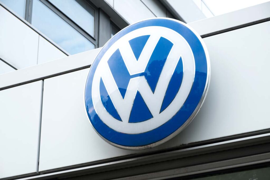 Close up of Volkswagen signage, representing the VW settlement.