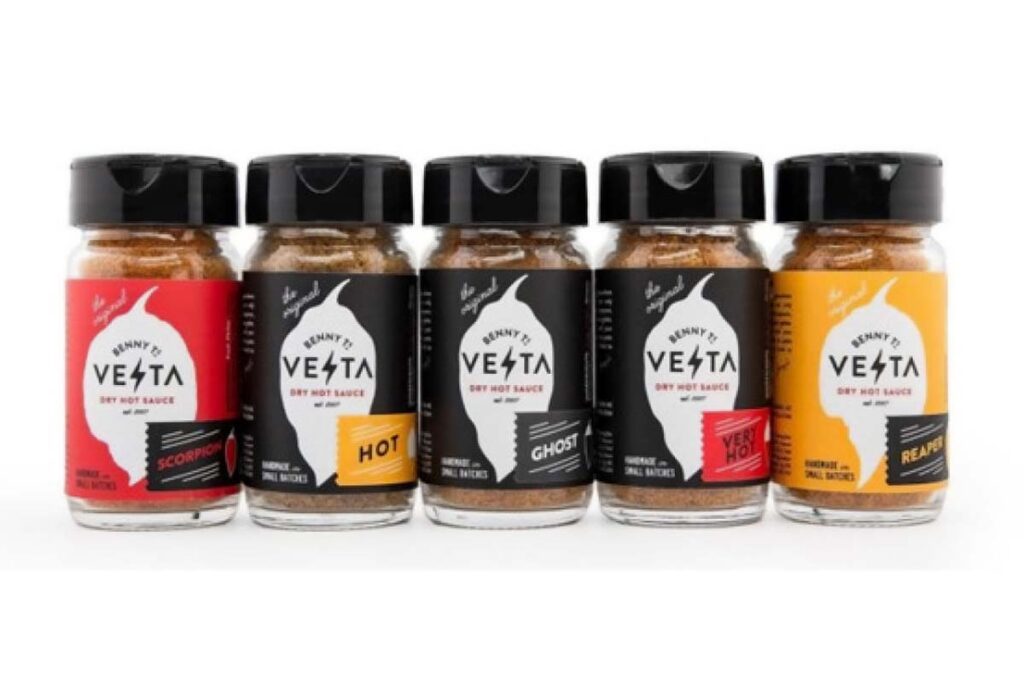 Product photo of dry hot sauces by Benny T's, representing the Benny T's Vesta hot sauce recall.