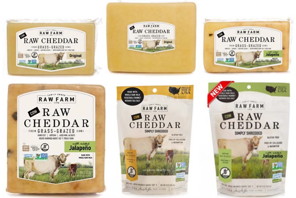 Product photo of recalled cheeses by Raw Farm, representing the raw cheddar recall.