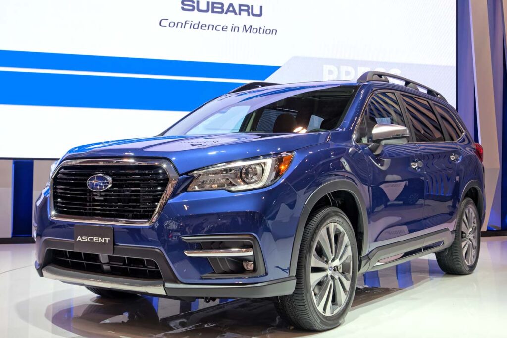 A blue 2019 Subaru Ascent, representing the Subaru CVT class action lawsuit settlement.