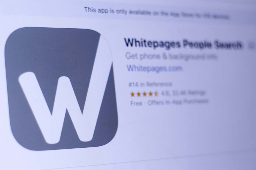Close up of Whitepages app download page, representing the Whitepages class action.