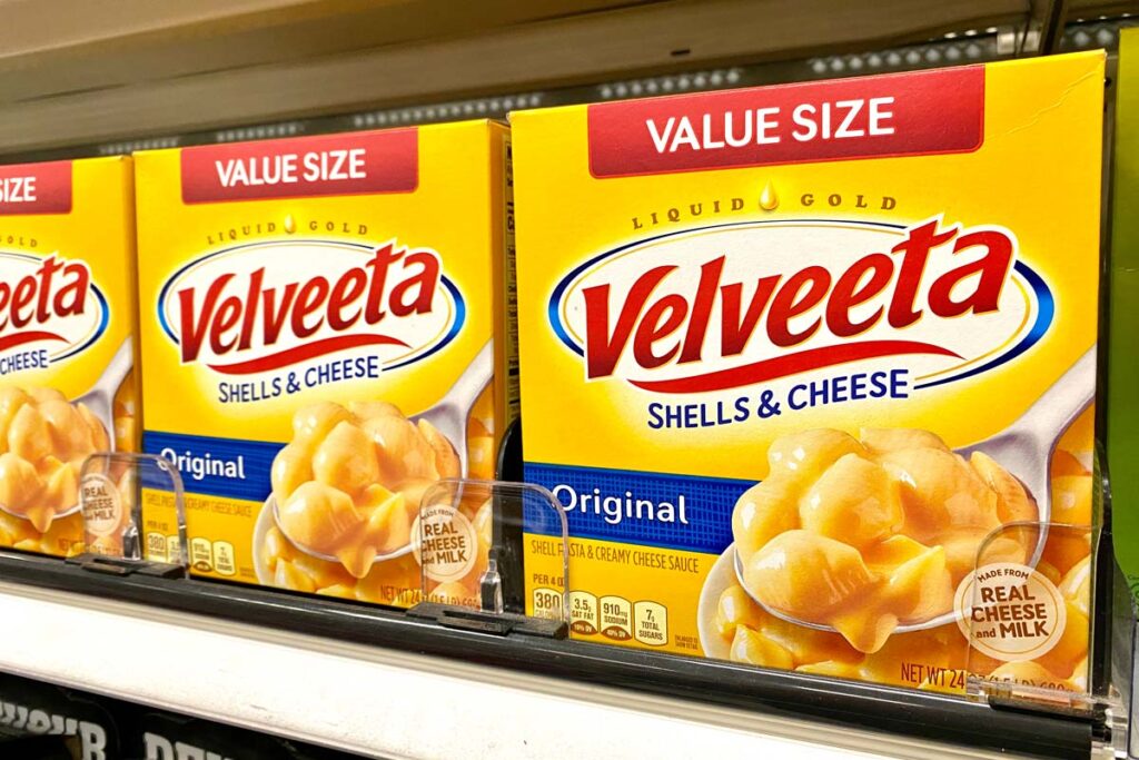 Velveeta Shells & Cheese on a grocery store shelf, representing the Velveeta class action.