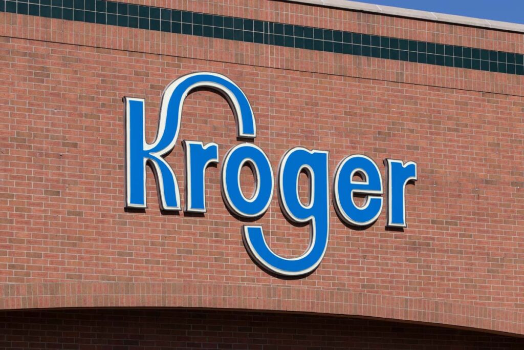 Close up of Kroger signage, representing the Kroger-Albertsons merger.