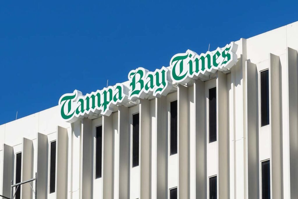Closeup of Tampa Bay Times signage, representing the Tampa Bay Times VPPA class action lawsuit settlement.