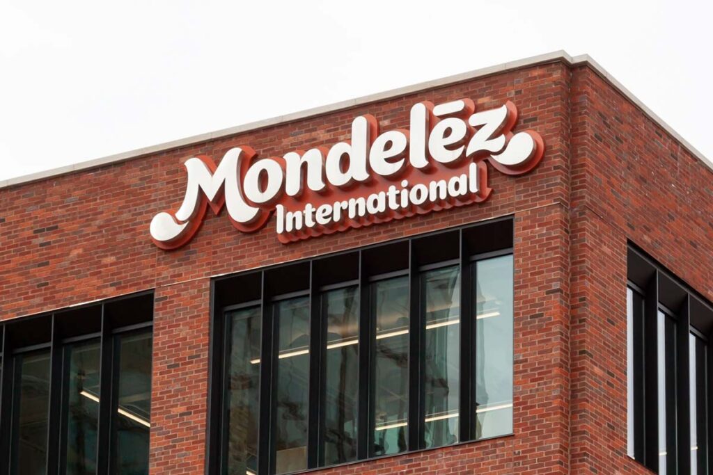 Close up of Mondelez International signage, representing the Mondelez child labor class action.
