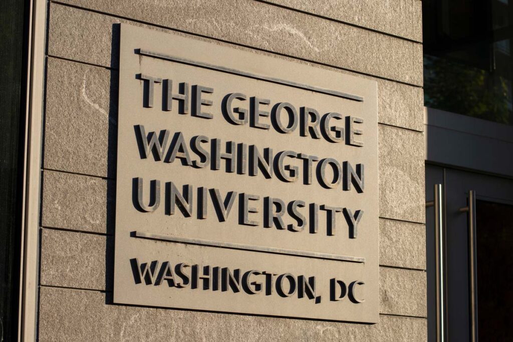 George Washington University signage, representing the George Washington University COVID-19 tuition settlement.