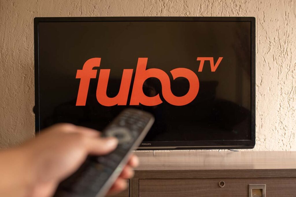 FuboTV logo displayed on a TV, representing the FuboTV class action lawsuit.
