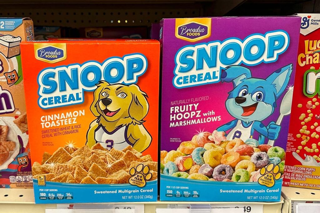 Snoop cereal products on a supermarket shelf, representing the Snoop Cereal lawsuit.