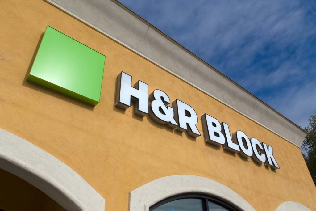 Close up of H&R Block signage, representing H&R Block products.