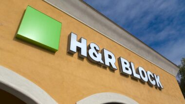 Close up of H&R Block signage, representing H&R Block products.