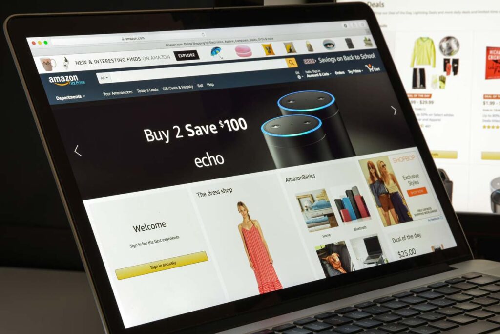 Close up of the Amazon homepage displayed on a laptop screen, representing the Amazon class action.