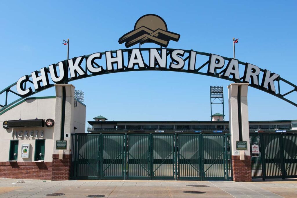 Entrance to Chukchansi Park baseball stadium in Fresno California, representing the ladies' night class action.