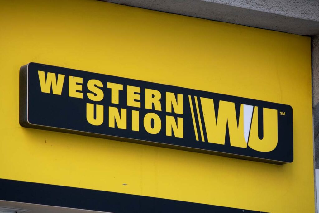 Close up of Western Union signage, representing the Western Union class action.