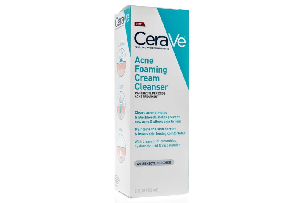 Product photo of CeraVe benzoyl peroxide cleanser, representing the CeraVe class action.