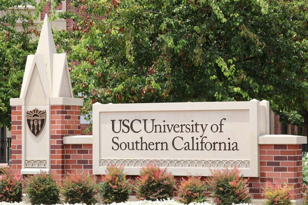 Closeup of University of Southern California signage, representing the USC Alumni Association class action lawsuit settlement.