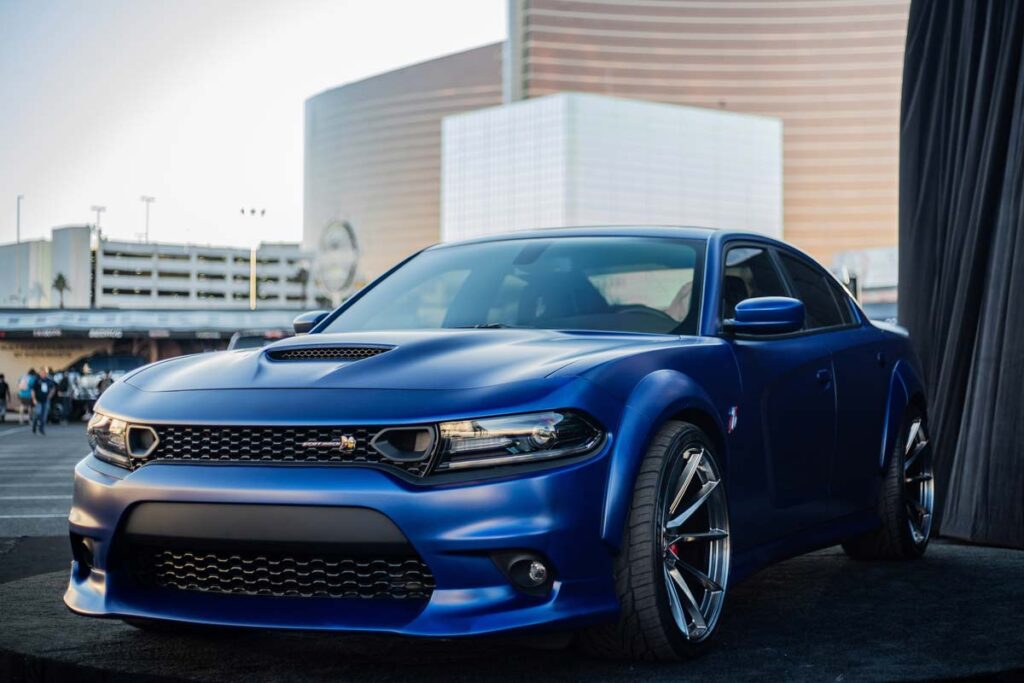 A blue Dodge Charger, representing the Dodge Charger and Chrysler 300 air bag recall.