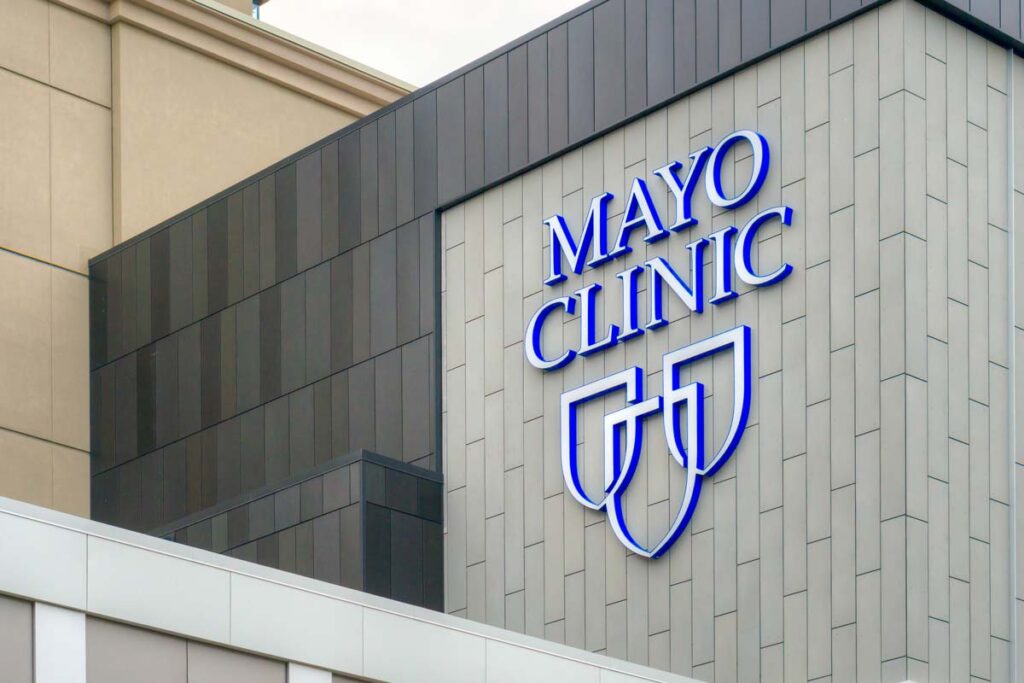 Close up of Mayo Clinic signage, representing the Mayo Foundation for Medical Education and Research class action settlement.