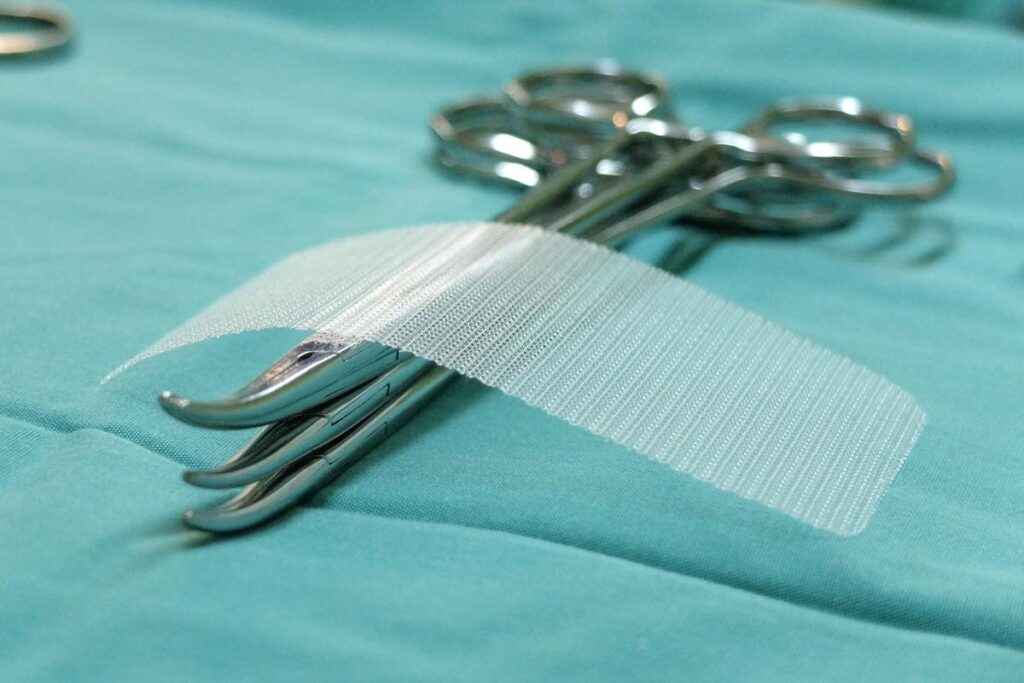Close up of a surgical mesh, representing the Strattice surgical mesh.