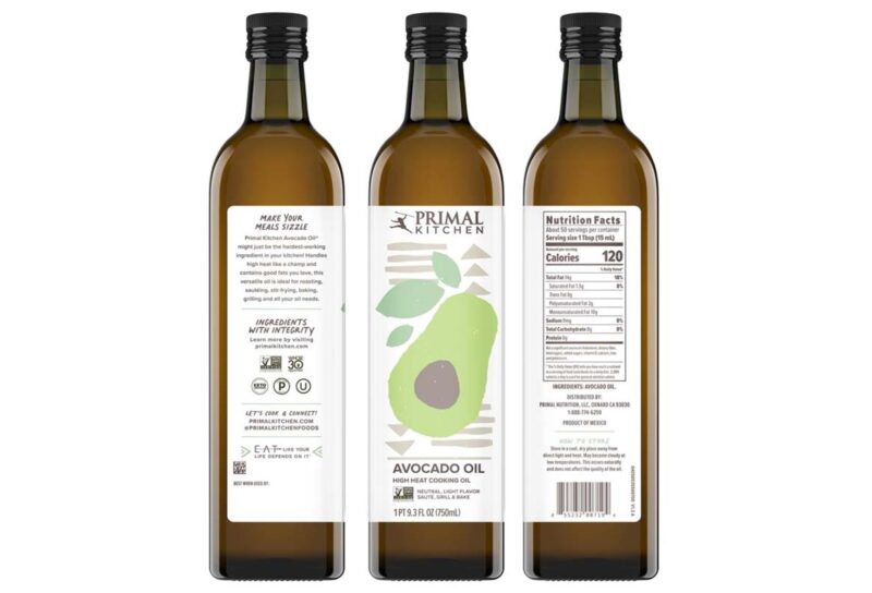 Product label of avocado oil sold by Primal Kitchen, representing the Primal Kitchen avocado oil recall.