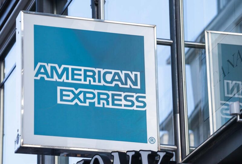 Close up of American Express signage, representing American Express class actions.