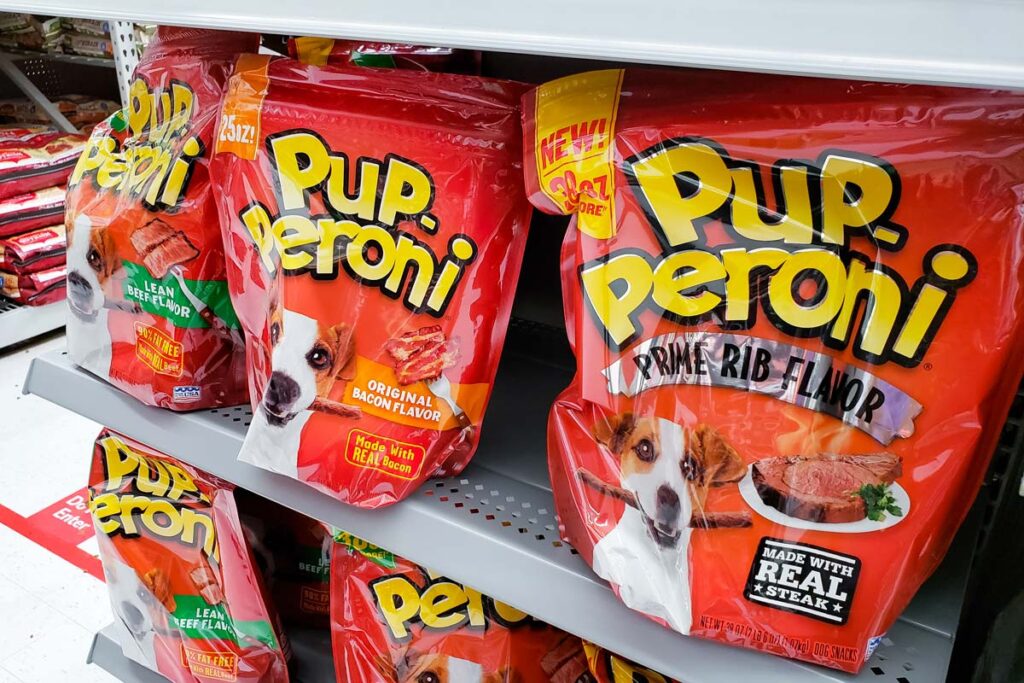 Close up of Pup-Peroni products on a pet store shelf, representing the Pup-Peroni class action.