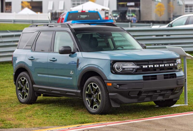 A blue Ford Bronco Sport in a parking area, representing the Ford Bronco recall.