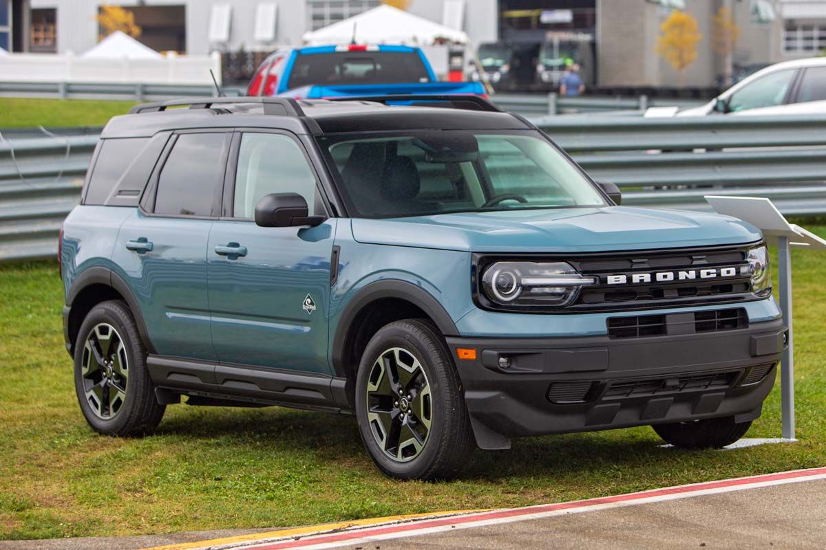 A blue Ford Bronco Sport in a parking area, representing the Ford Bronco recall.
