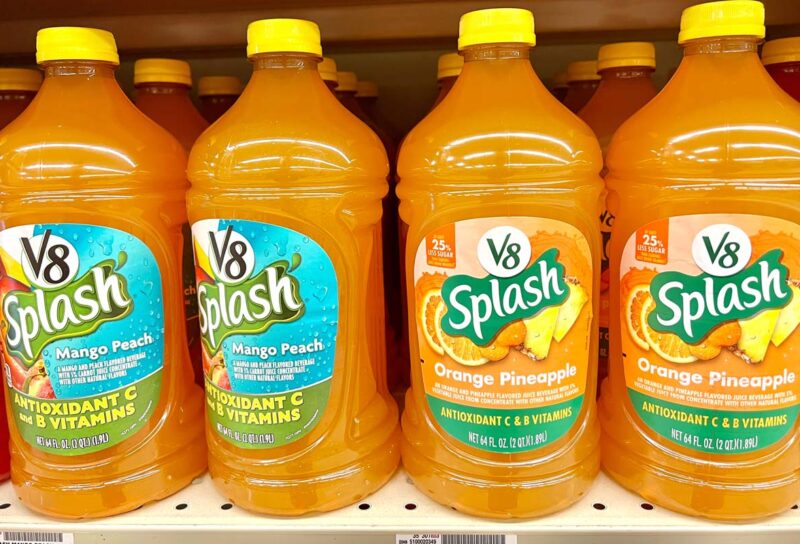 Close up of V8 Splash products on a supermarket shelf, representing the V8 Splash class action.