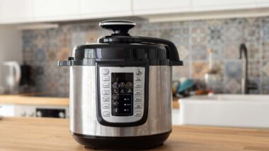 A pressure cooker on a kitchen counter, representing the Sensio pressure cookers recall.