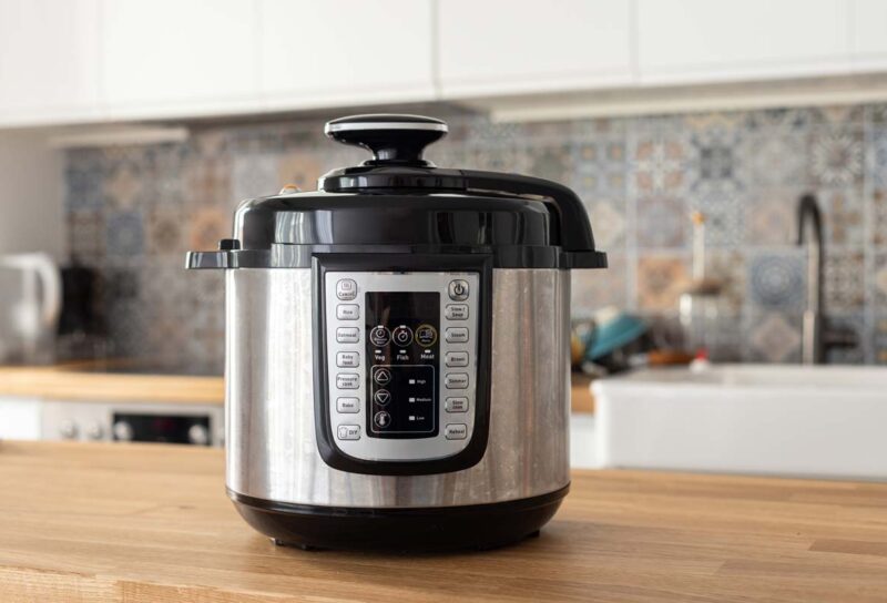 A pressure cooker on a kitchen counter, representing the Sensio pressure cookers recall.