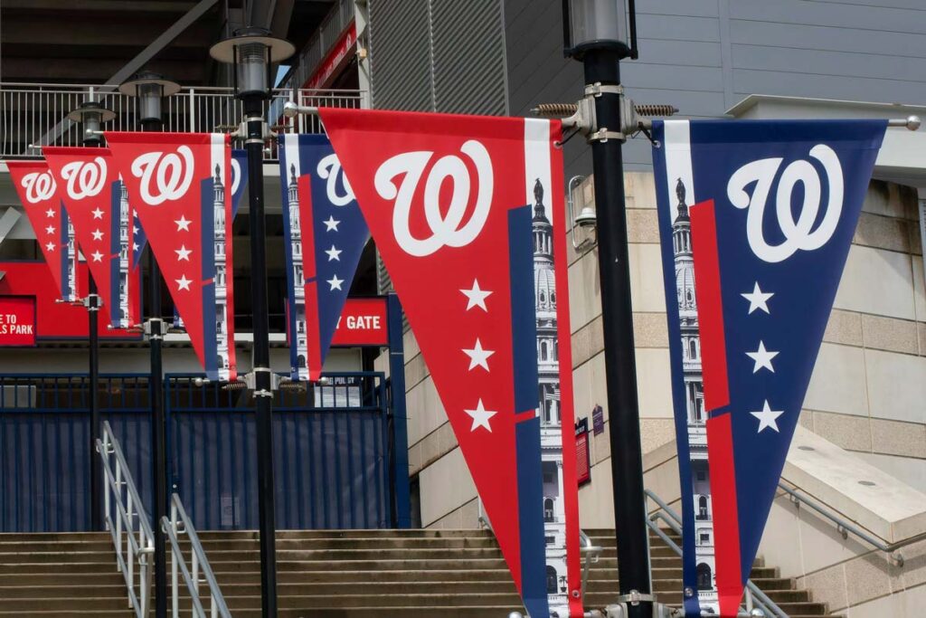 Close up of Washington Nationals banners in a sporting venue, representing the Washington Nationals class action.