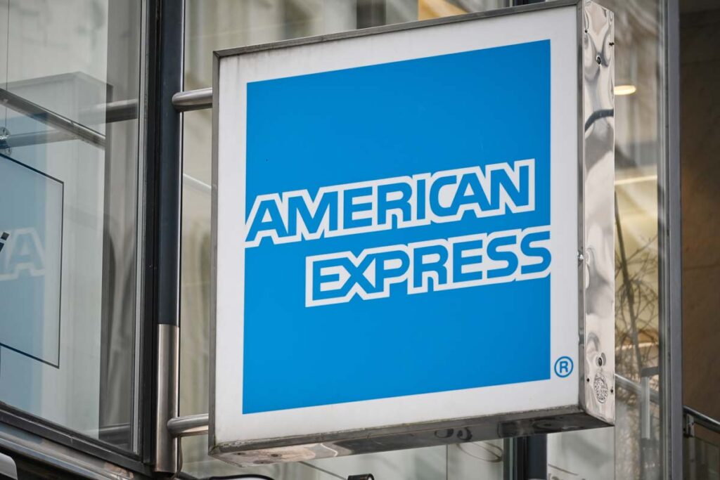 Closeup of American Express signage, representing the American Express (AmEx) credit card class action.