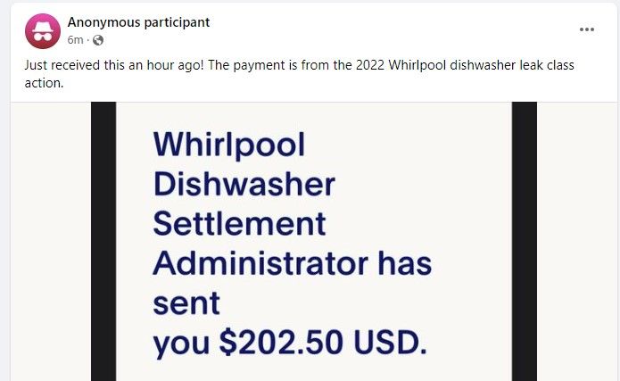 WhirlpoolleakydishwasherFB5-9-24 checks in the mail