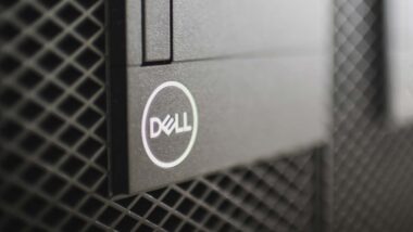 Close up of Dell logo on a PC tower, representing the Dell data breach.