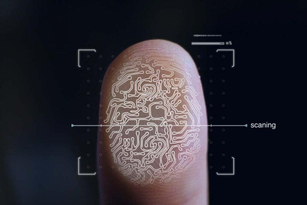 Close up of a finger with a biometric data concept overlay, representing the CenterEdge settlement.