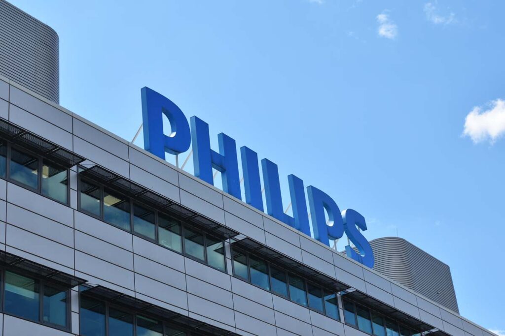 Close up of Philips signage on top of a building, representing the Philips CPAP settlement.