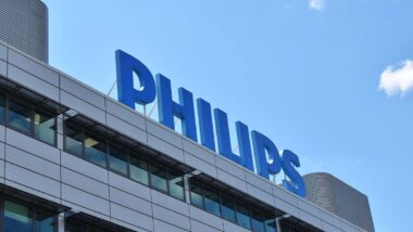Close up of Philips signage on top of a building, representing the Philips CPAP settlement.