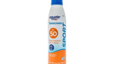 Product photo of Equate aerosol sunscreen, representing the Walmart class action.
