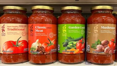 Various Good & Gather pasta sauce products on a Target store shelf, representing the Target class action.