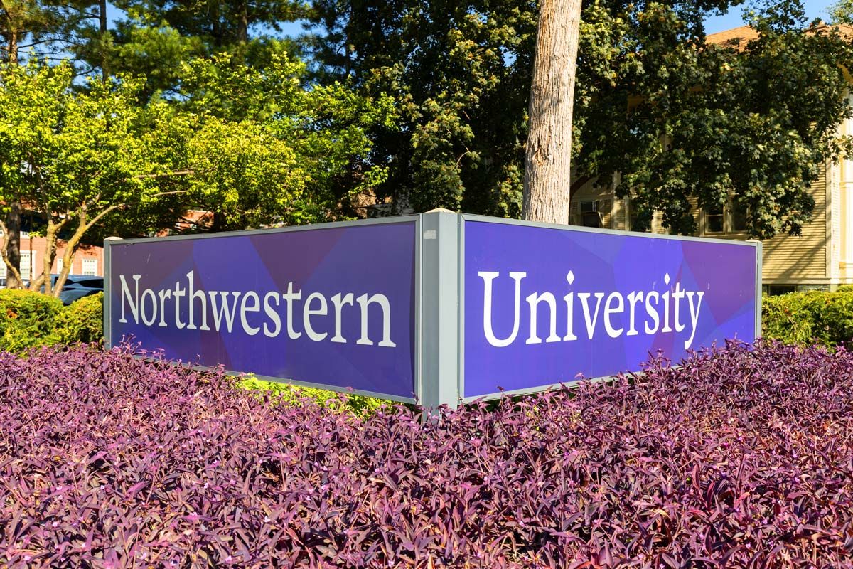 Close up of Northwestern University signage, representing the Northwestern hazing lawsuits.