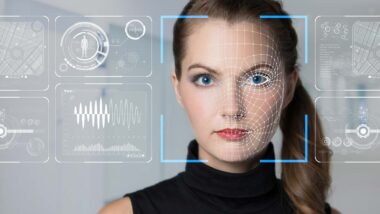 Software of a woman getting a face scan with a biometric data concept overlay, representing biometric privacy class actions.