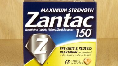 Zantac product packaging in a cabinet, representing the Zantac lawsuits.